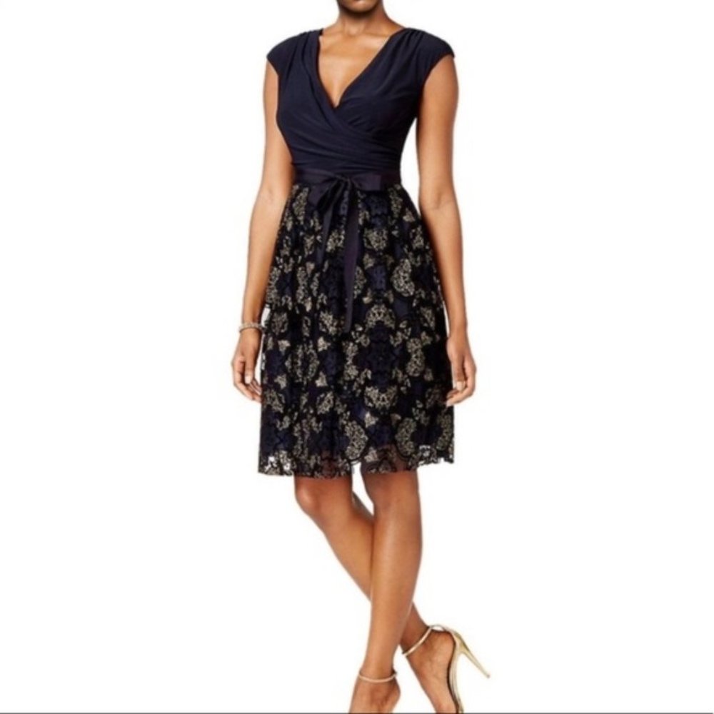 SLNY Navy & Gold Fit & Flare Cocktail Party Dress